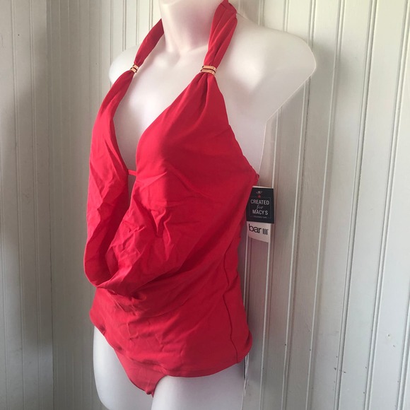 BAR III Retail $98 Paradise Red Plunging Cowlneck Tankini Hipsters XSmall - Picture 4 of 7